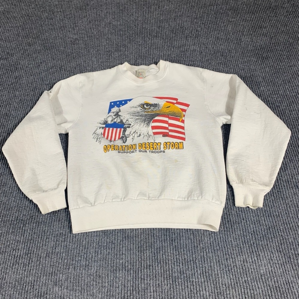VTG Fruit‎ of the Loom Sweatshirt Adult Medium White Desert Storm Eagle USA Flag